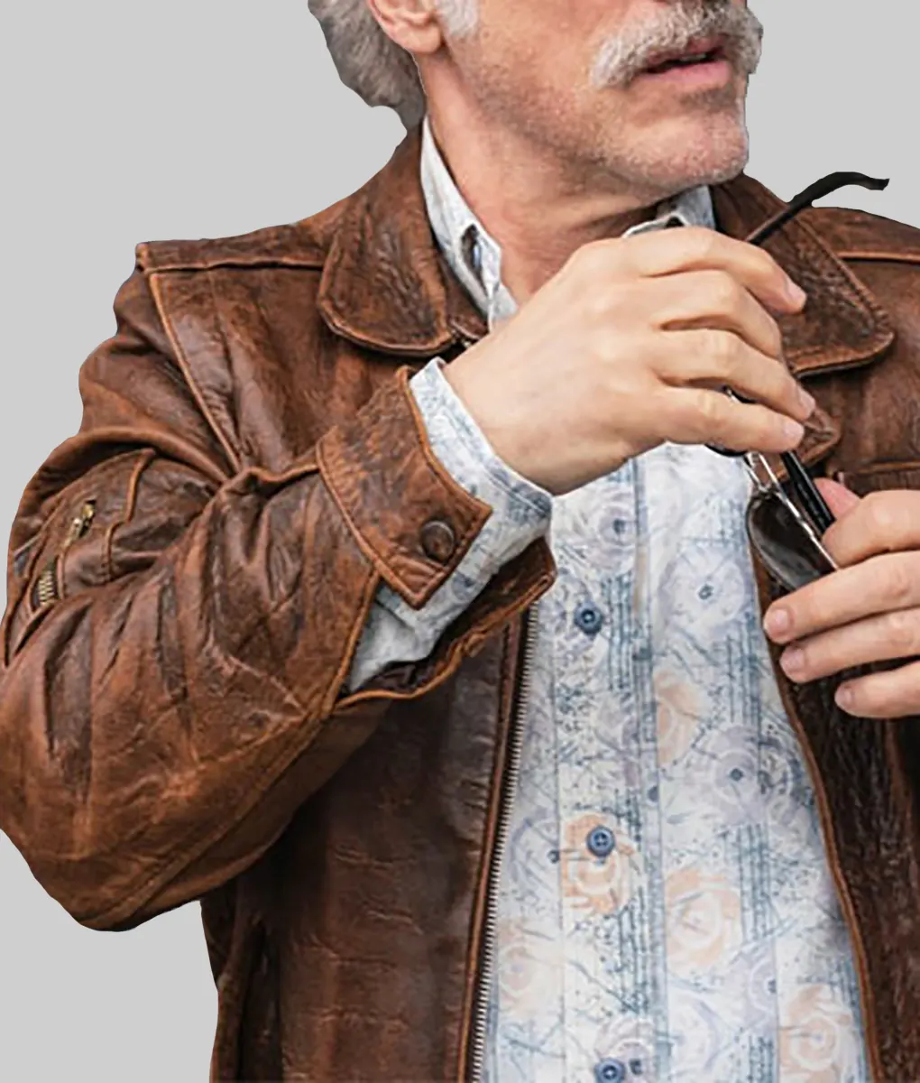 Old Guy Christoph Waltz Distressed Brown Leather Jacket | The