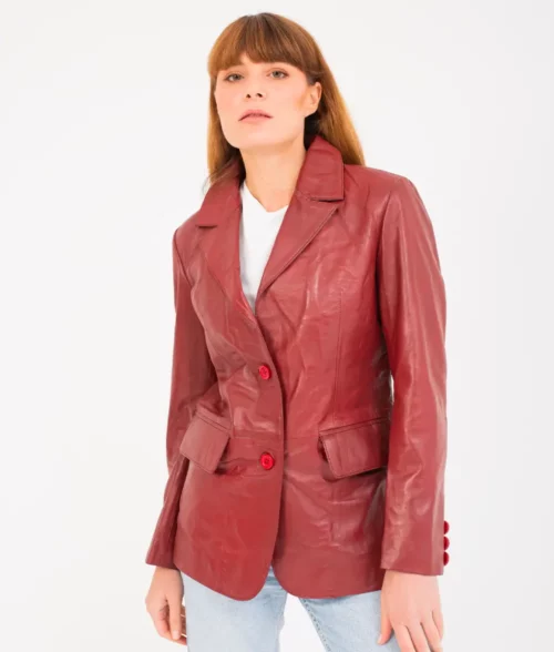 Paula Slim Fit Maroon Leather Blazer for Women