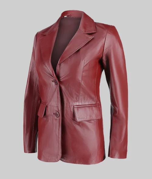 Paula Slim Fit Maroon Leather Blazer for Women