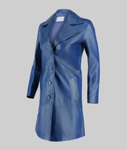 Roma Women's Blue Leather Trench Coat 100% Real Leather Blue Trench Coat for Women