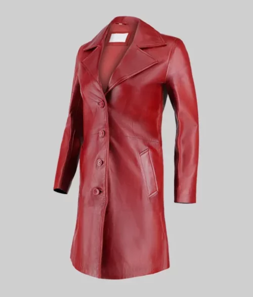 Roma Women's Red Leather Trench Coat 100% Real Leather Red Trench Coat for Women