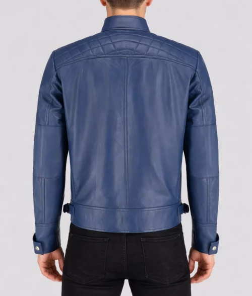 Sam Men’s Blue Cafe Racer Quilted Biker Leather Jacket - Back View