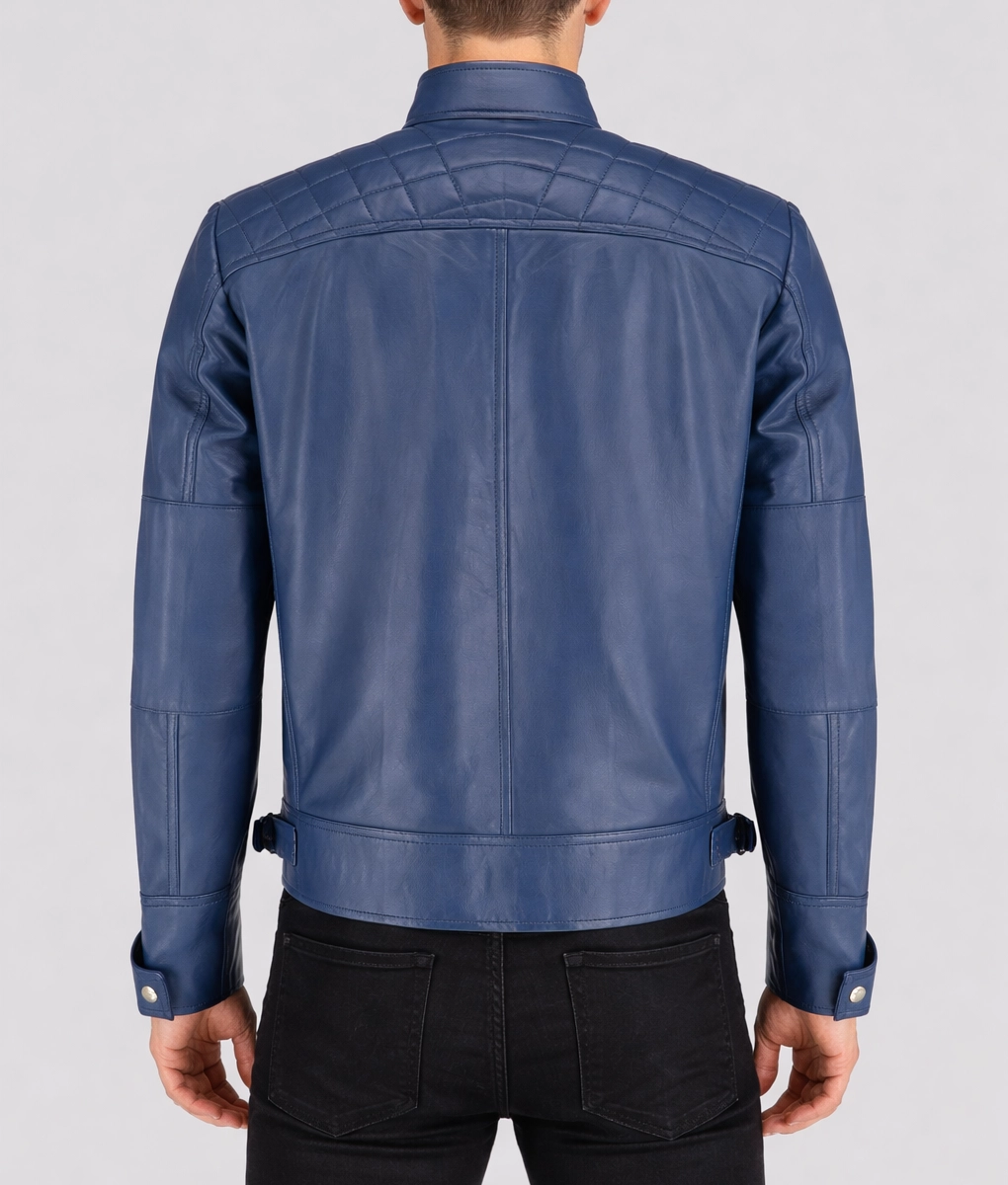 Sam Men’s Blue Cafe Racer Quilted Biker Leather Jacket - Back View