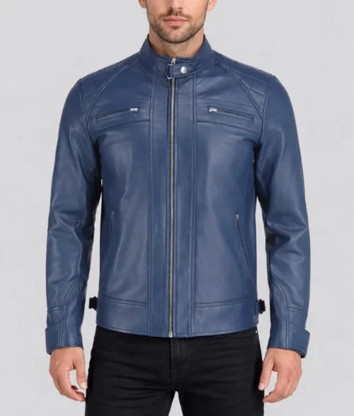 Sam Men’s Blue Cafe Racer Quilted Biker Leather Jacket - Front View