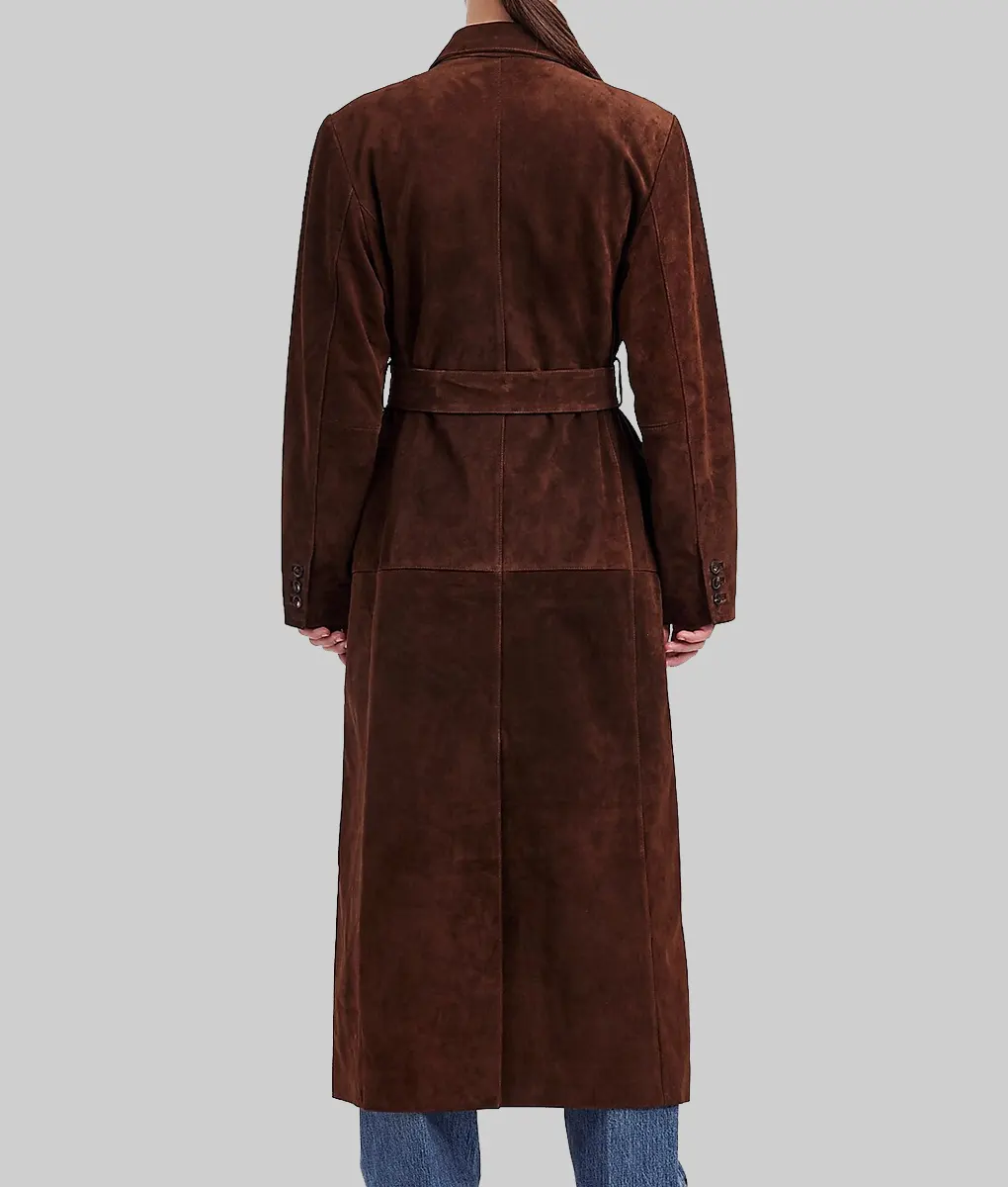 Selena Gomez Double Breasted Brown Suede Coat-Selena Gomez Double Breasted Brown Suede Leather Coat - Back View