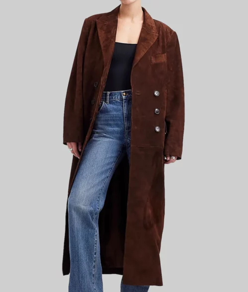 Selena Gomez Double Breasted Brown Suede Coat-Selena Gomez Double Breasted Brown Suede Leather Coat - Celebrity View