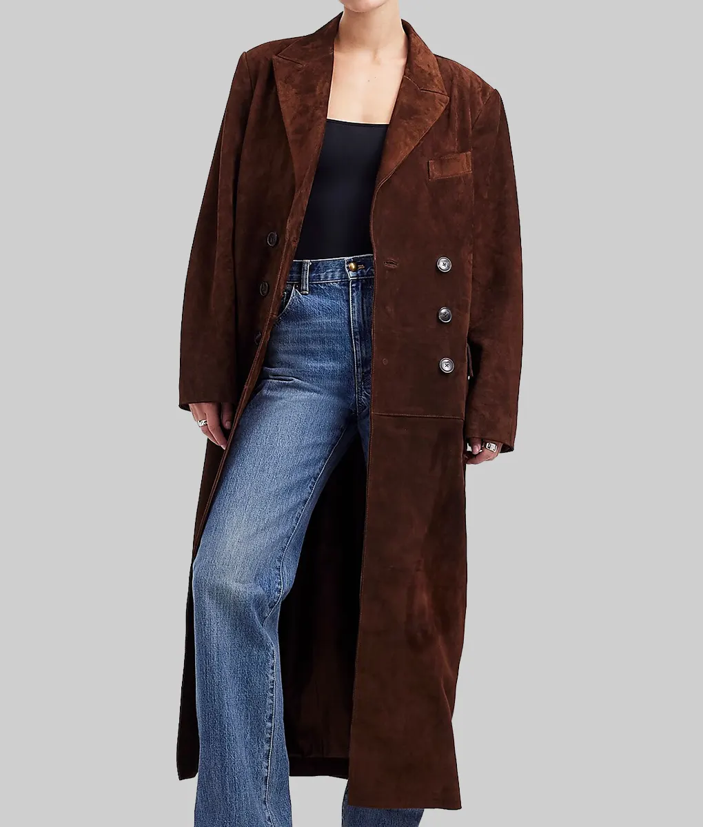 Selena Gomez Double Breasted Brown Suede Coat-Selena Gomez Double Breasted Brown Suede Leather Coat - Celebrity View