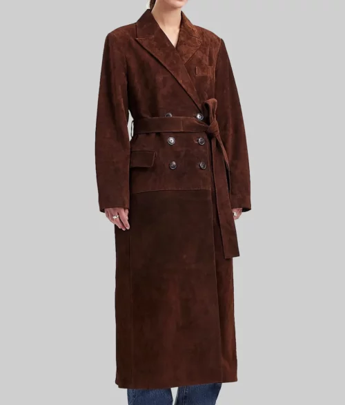Selena Gomez Double Breasted Brown Suede Coat-Selena Gomez Double Breasted Brown Suede Leather Coat - Front View
