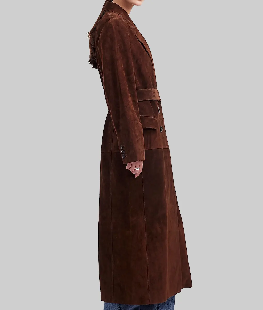 Selena Gomez Double Breasted Brown Suede Coat-Selena Gomez Double Breasted Brown Suede Leather Coat - Side View