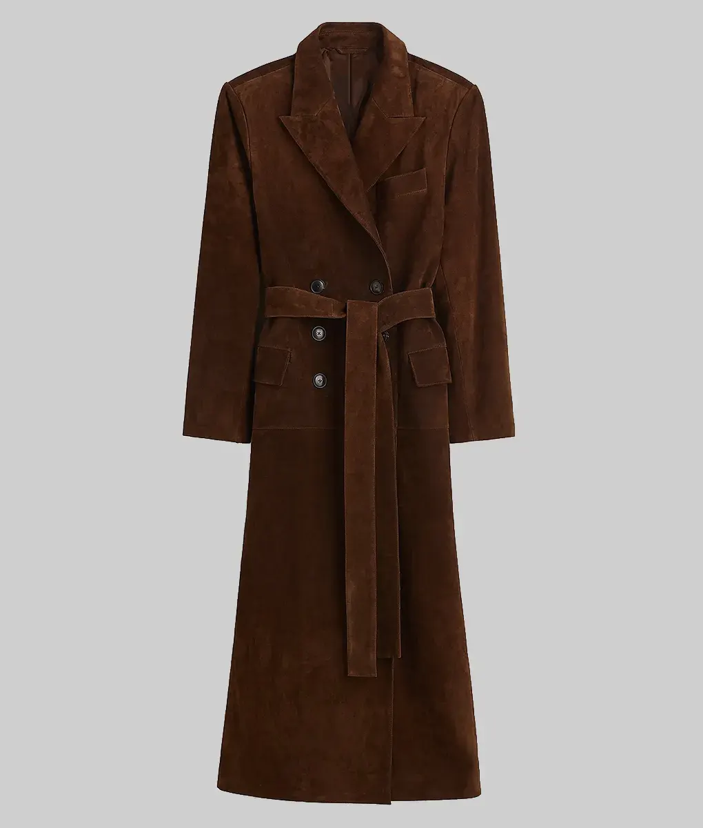 Selena Gomez Double Breasted Brown Suede Coat-Selena Gomez Double Breasted Brown Suede Leather Coat - Front View