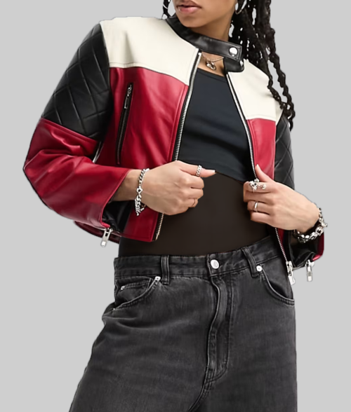 Subteran Irina Artenii Colorblock Cropped Leather Jacket - Subteran Irina Artenii Colorblock Cropped Leather Biker Jacket - Front View