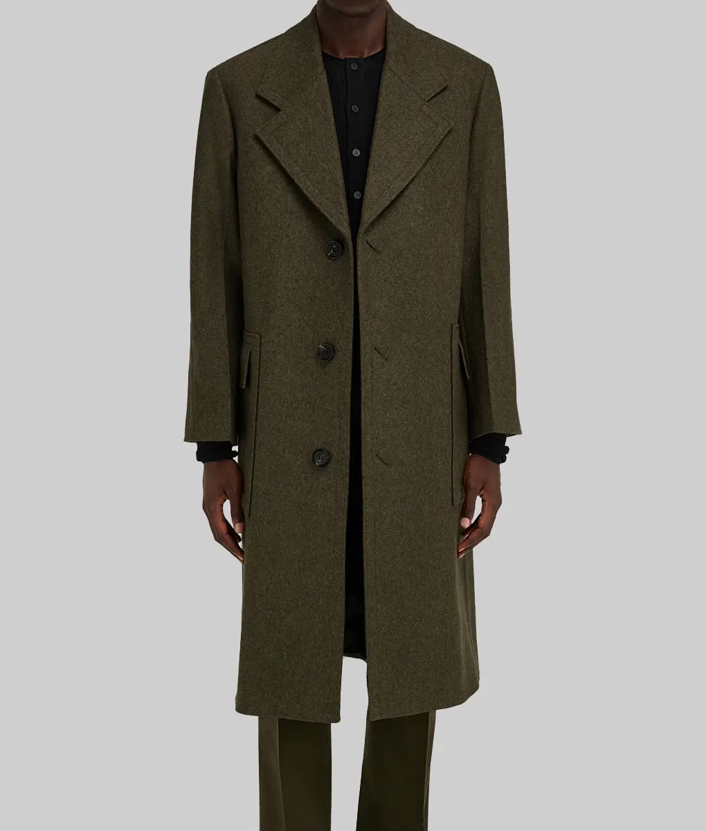 The Brutalist Screening Adrien Brody Olive Green Coat - The Brutalist Screening Adrien Brody Olive Green Wool Coat - Front Open View