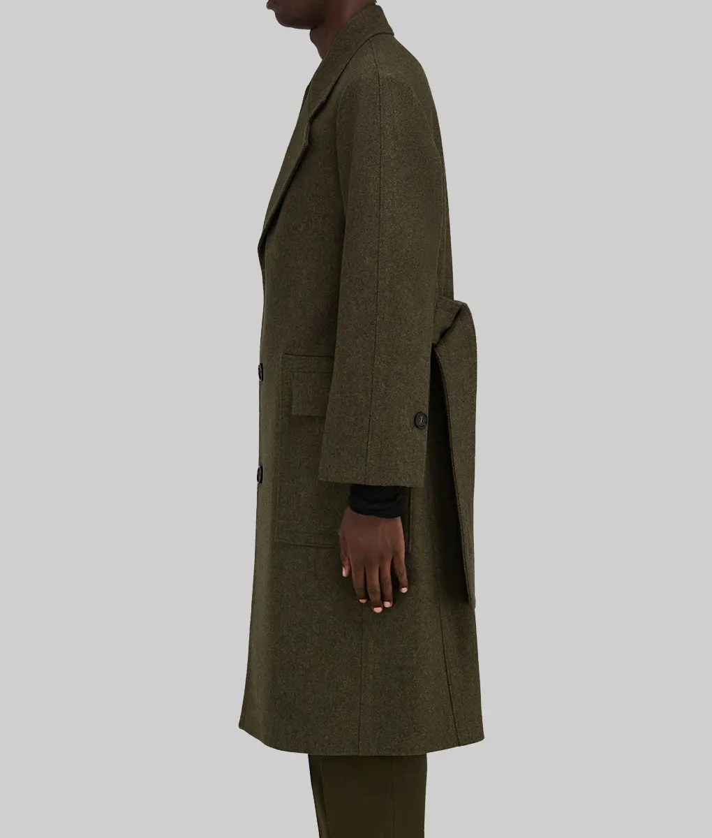 The Brutalist Screening Adrien Brody Olive Green Coat - The Brutalist Screening Adrien Brody Olive Green Wool Coat - Side View
