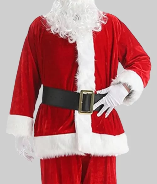 The Man with the Bag Arnold Schwarzenegger Santa Coat - The Man With The Bag Arnold Schwarzenegger Red Velvet Santa Coat - Front View