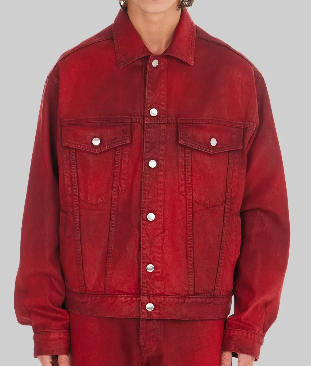 Travis Kelce Red Trucker Jacket-Travis Kelce Red Denim Trucker Jacket - Front View