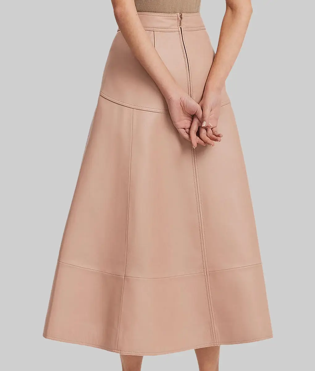 Women's Beige A-line Silhouette Real Leather Midi Skirt
