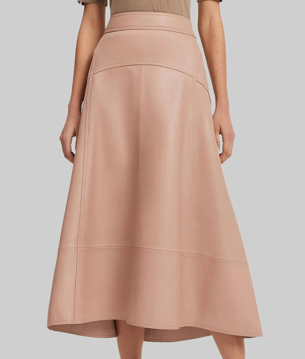 Women's Beige A-line Silhouette Real Leather Midi Skirt