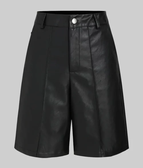 Women's Bermuda Style High Waist Black Leather Shorts With Side Mounted pockets