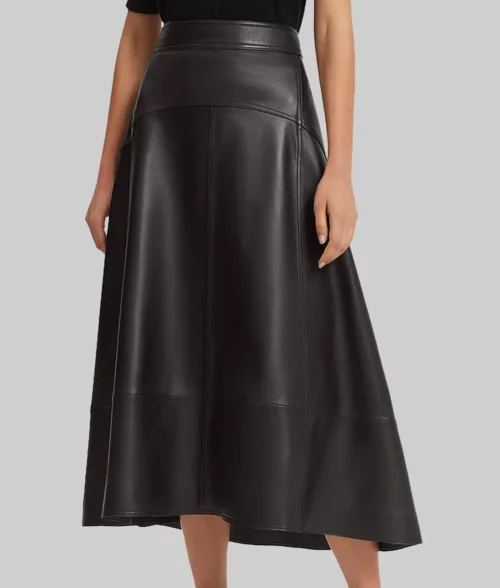 Alternative view of Women's Black Midi Leather Skirt With Side Seam Pockets- A-line Silhouette