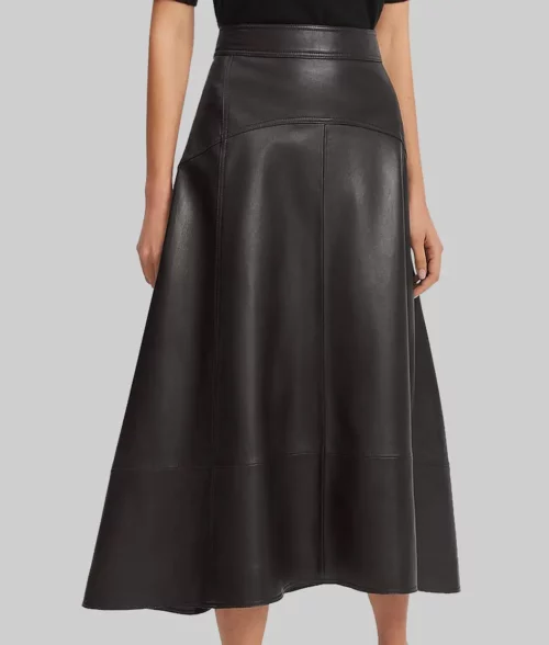Women's Black Midi Leather Skirt With Side Seam Pockets- A-line Silhouette