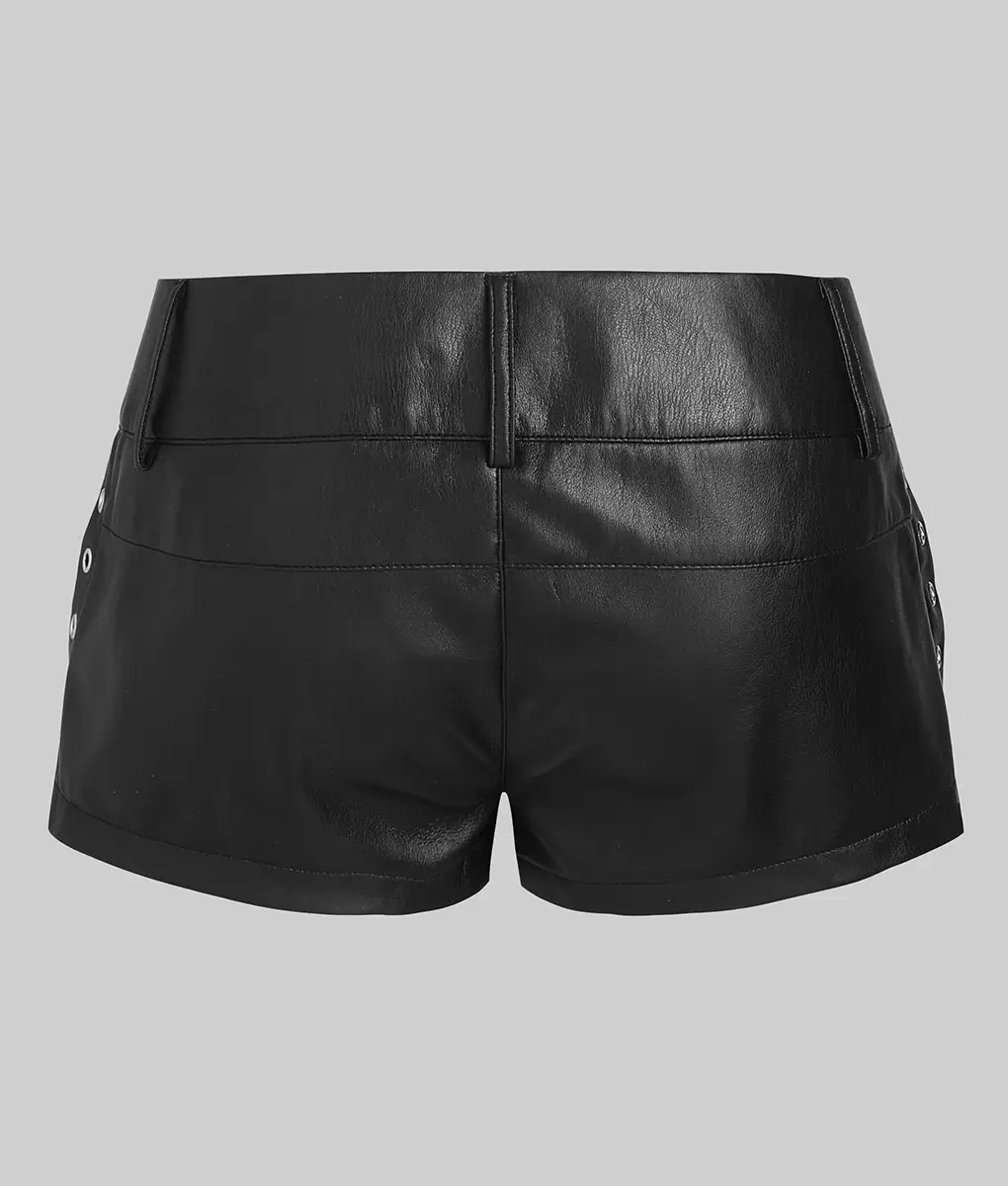 Women's Black Low Waist Mini Leather Shorts - Image 2