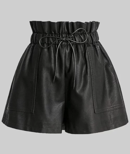 Women's Black Pull-On Leather Shorts in With Front Pockets