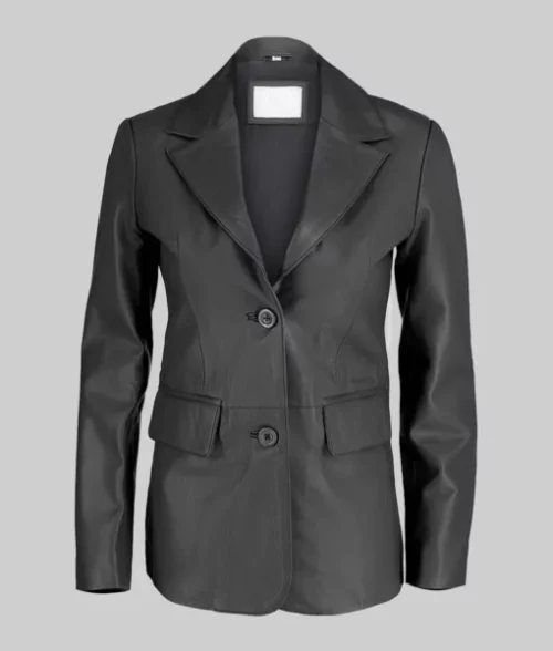 Women’s Black Two Button Leather Blazer Jacket Slim Fit Genuine Black Leather Blazer