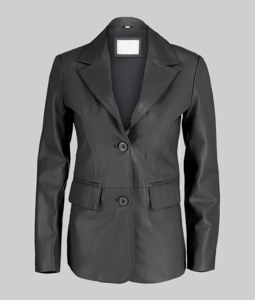 Women’s Black Two Button Leather Blazer Jacket Slim Fit Genuine Black Leather Blazer