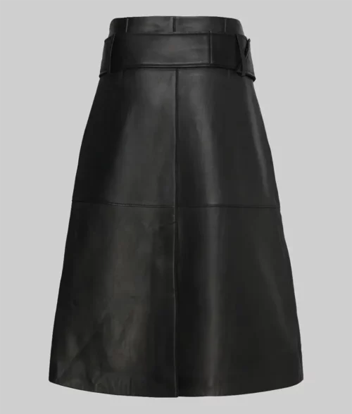 Women's Black Wide Buckled Real Leather Midi Skirt
