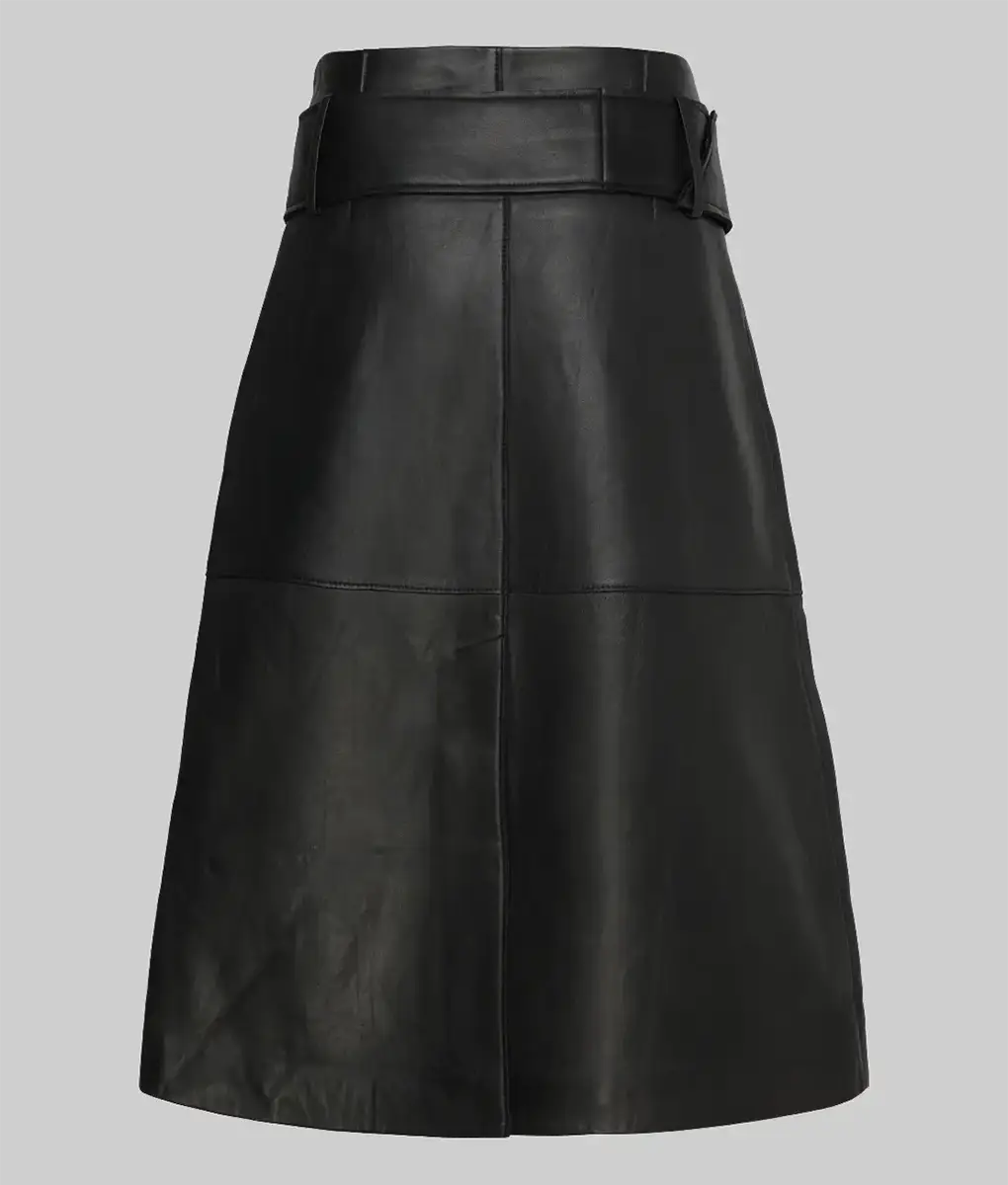 Women's Black Wide Buckled Real Leather Midi Skirt