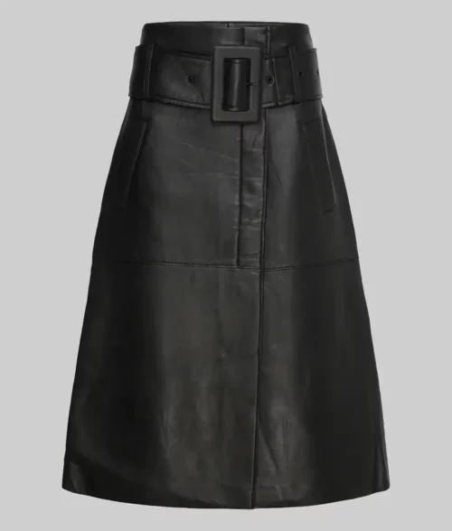 Women's Black Wide Buckled Real Leather Midi Skirt