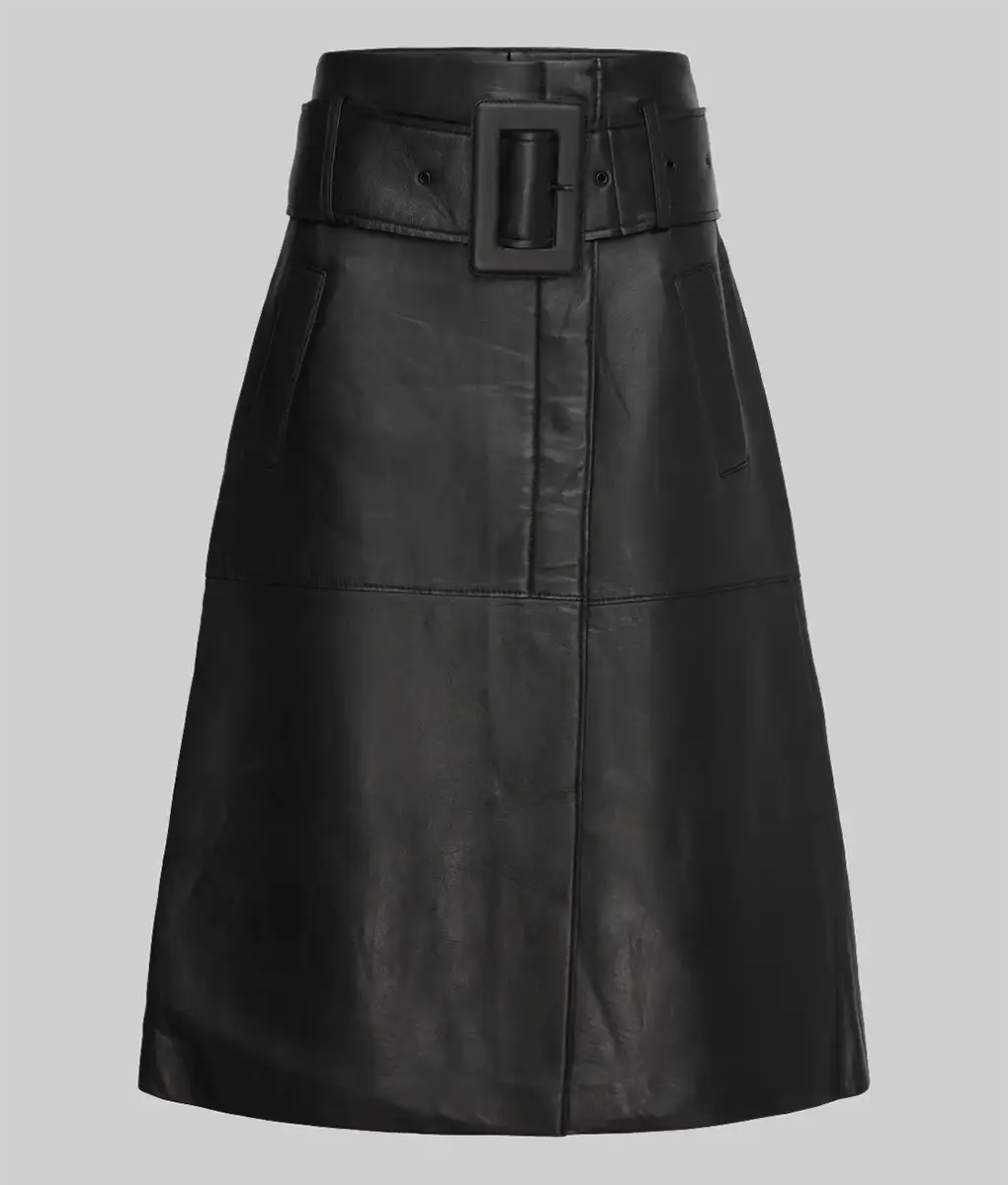 Women's Black Wide Buckled Real Leather Midi Skirt