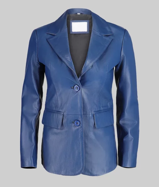 Women’s Blue Two Button Leather Blazer Jacket Slim Fit Genuine Blue Leather Blazer