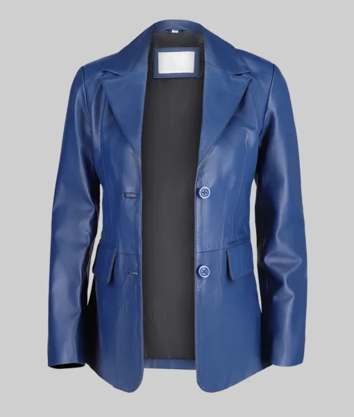 Women’s Blue Two Button Leather Blazer Jacket Slim Fit Genuine Blue Leather Blazer