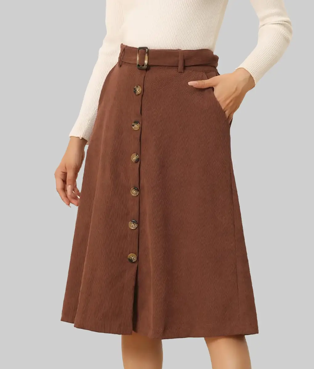 Women's Brown High Waist Buckled Real Leather Corduroy Midi Skirt