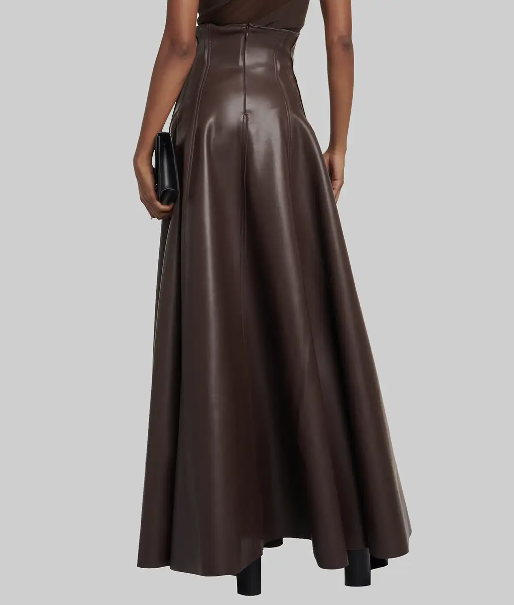 Women's Brown High Waist Grace Pleated Full length Leather Skirt - Maxi Skirt - Image 4