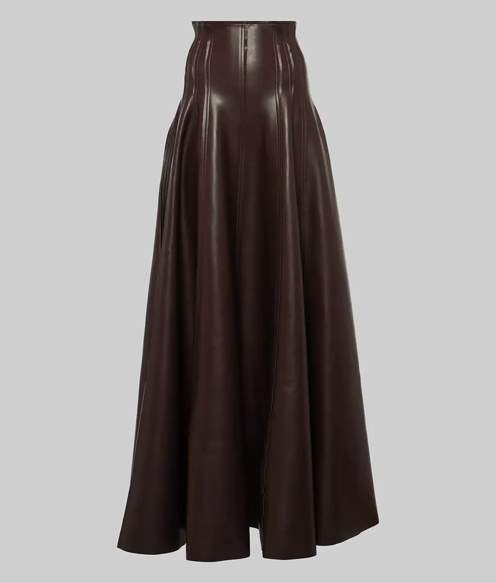 Women's Brown High Waist Grace Pleated Real Leather Maxi Skirt