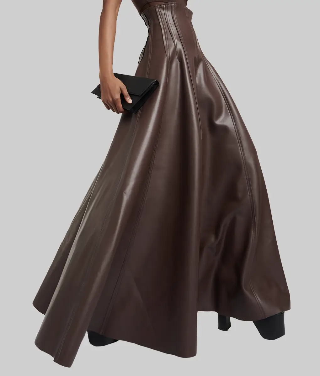 Women's Brown High Waist Grace Pleated Real Leather Maxi Skirt