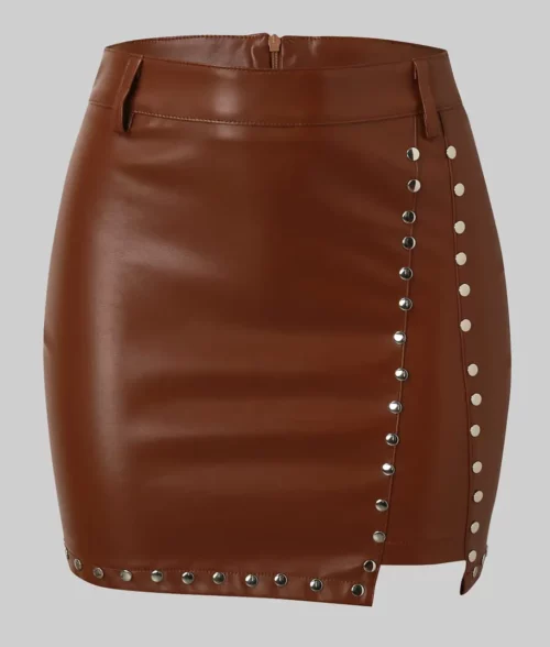Womens-Brown-Mini-Leather-Skirt-High-Waisted-Studded-Style