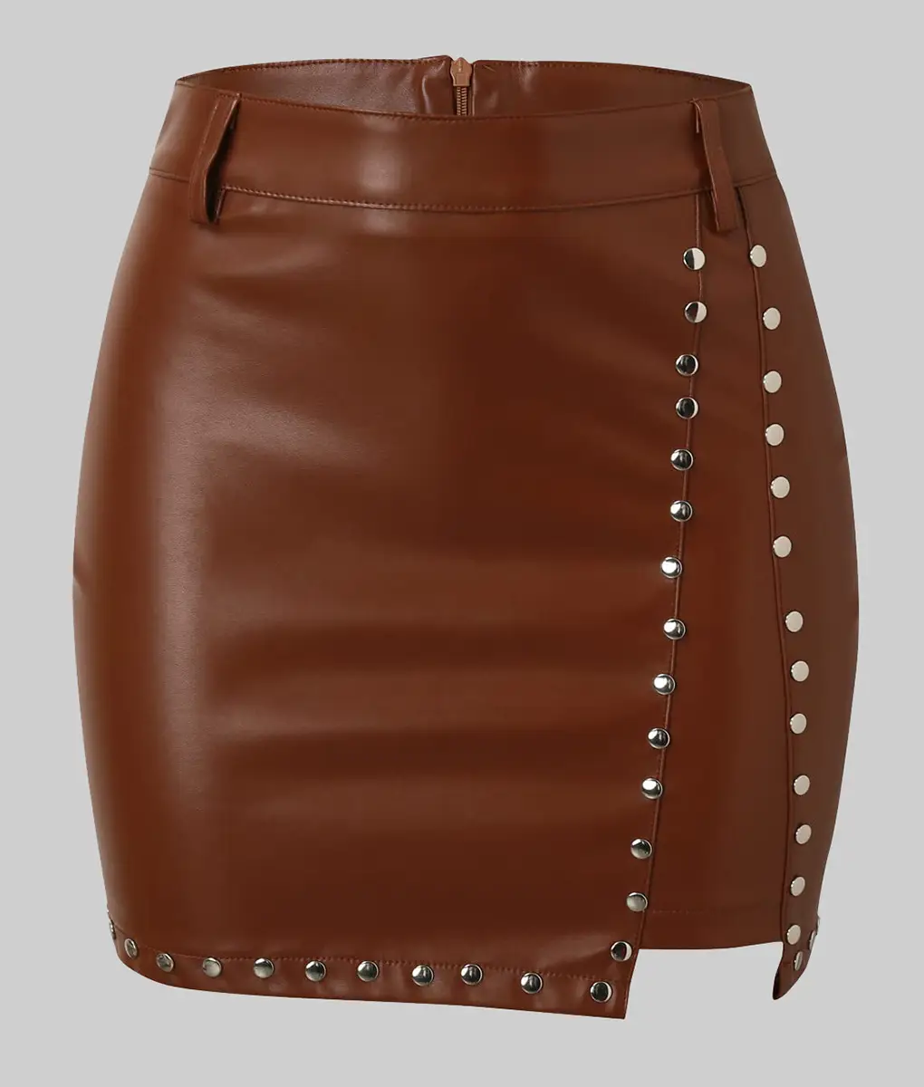 Womens-Brown-Mini-Leather-Skirt-High-Waisted-Studded-Style