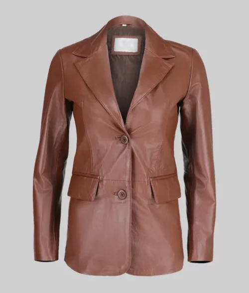 Women’s Brown Two Button Leather Blazer Jacket Slim Fit Genuine Brown Leather Blazer