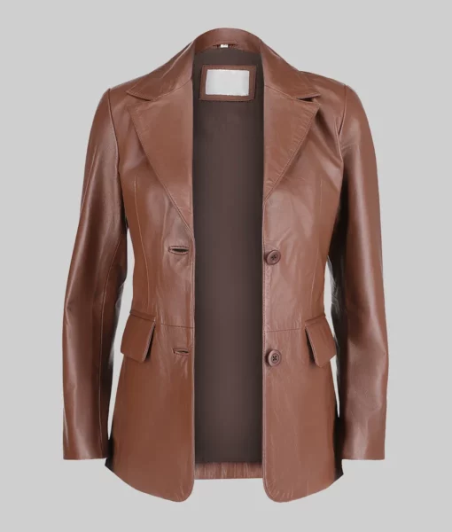 Women&rsquo;s Brown Two Button Leather Blazer Jacket Slim Fit Genuine Brown Leather Blazer