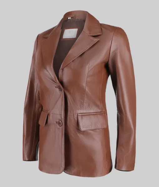 Women&rsquo;s Brown Two Button Leather Blazer Jacket Slim Fit Genuine Brown Leather Blazer