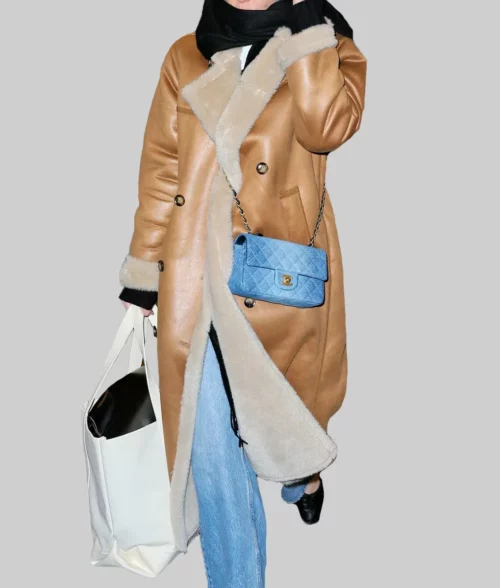 Zoey Deutch Tan Leather Shearling Coat - Zoey Deutch Tan Leather Shearling Coat - Celebrity View
