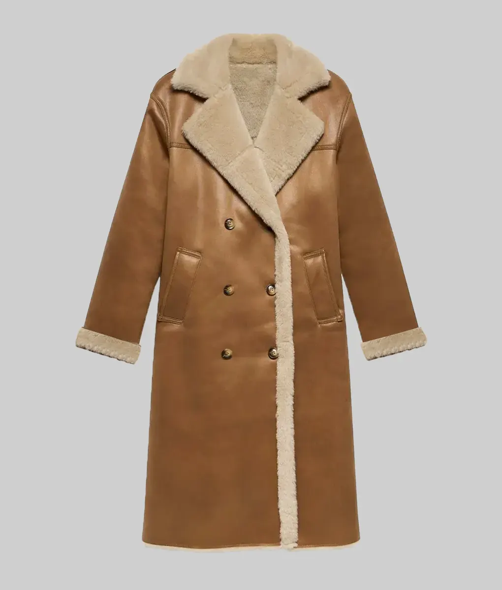 Zoey Deutch Tan Leather Shearling Coat - Zoey Deutch Tan Leather Shearling Coat - Front View
