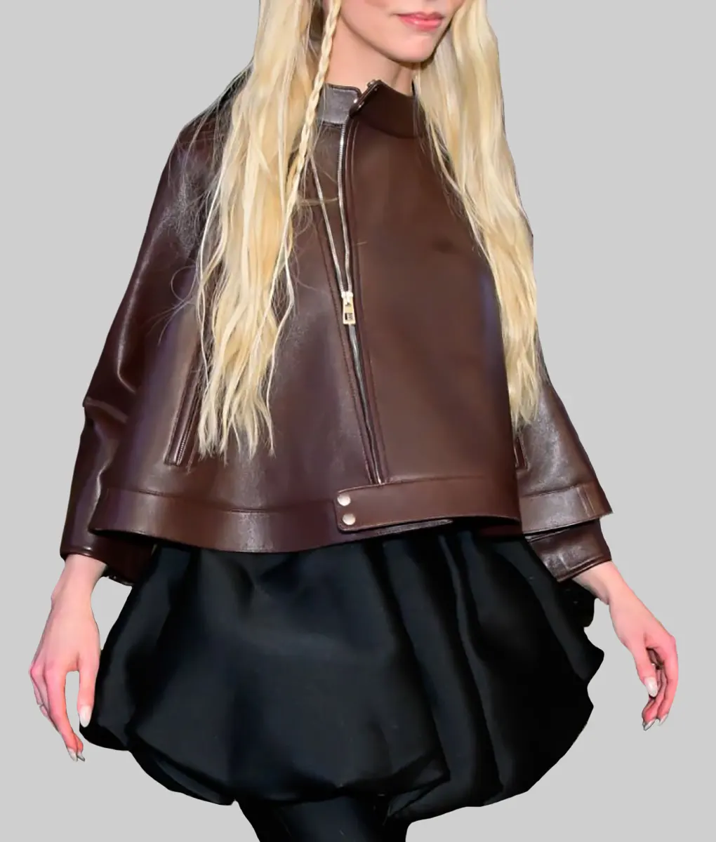 Anya Taylor Brown Leather Jacket - Anya Taylor Brown Leather Jacket - Front View