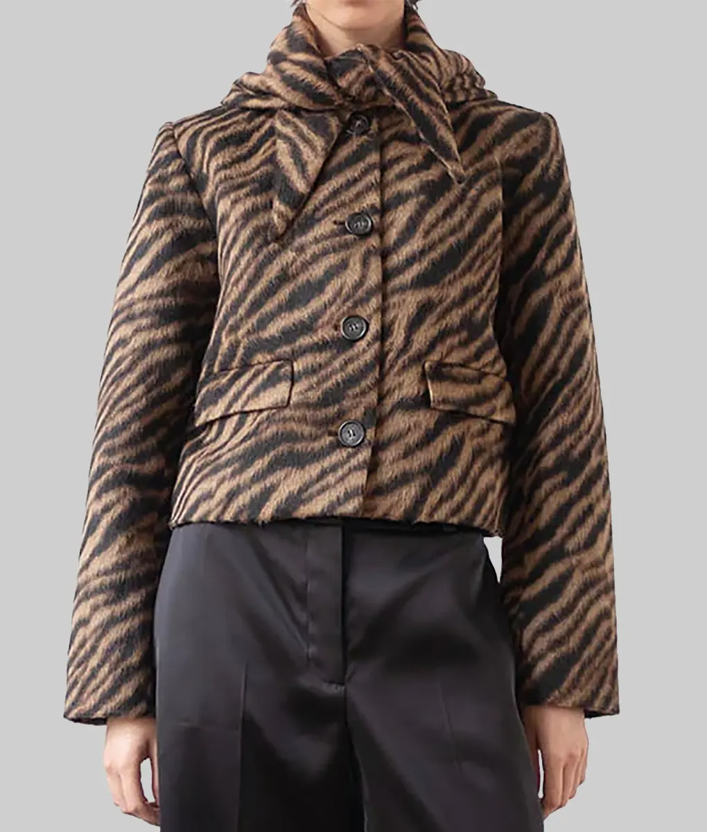 Brie Larson Tiger Print Wool Jacket - Elektra Press Night Brie Larson Tiger Print Wool Jacket - Front View