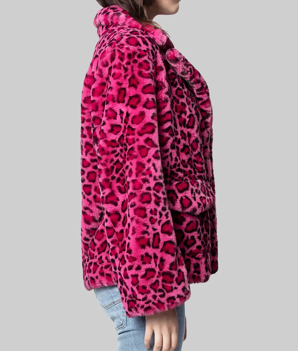High Potential Kaitlin Olson Leopard Print Fur Jacket - High Potential Kaitlin Olson (Morgan Gillory) Leopard Print Pink Fur Jacket - Side View