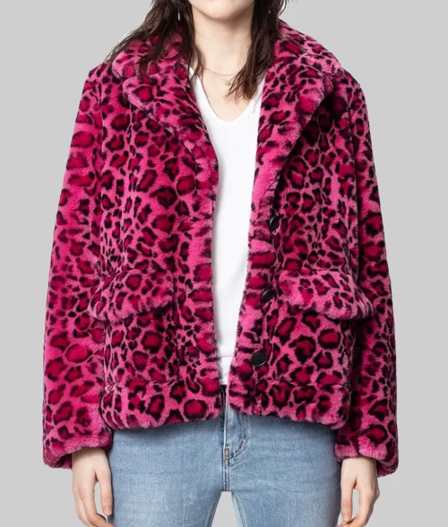 High Potential Kaitlin Olson Leopard Print Fur Jacket - High Potential Kaitlin Olson (Morgan Gillory) Leopard Print Pink Fur Jacket - Front View