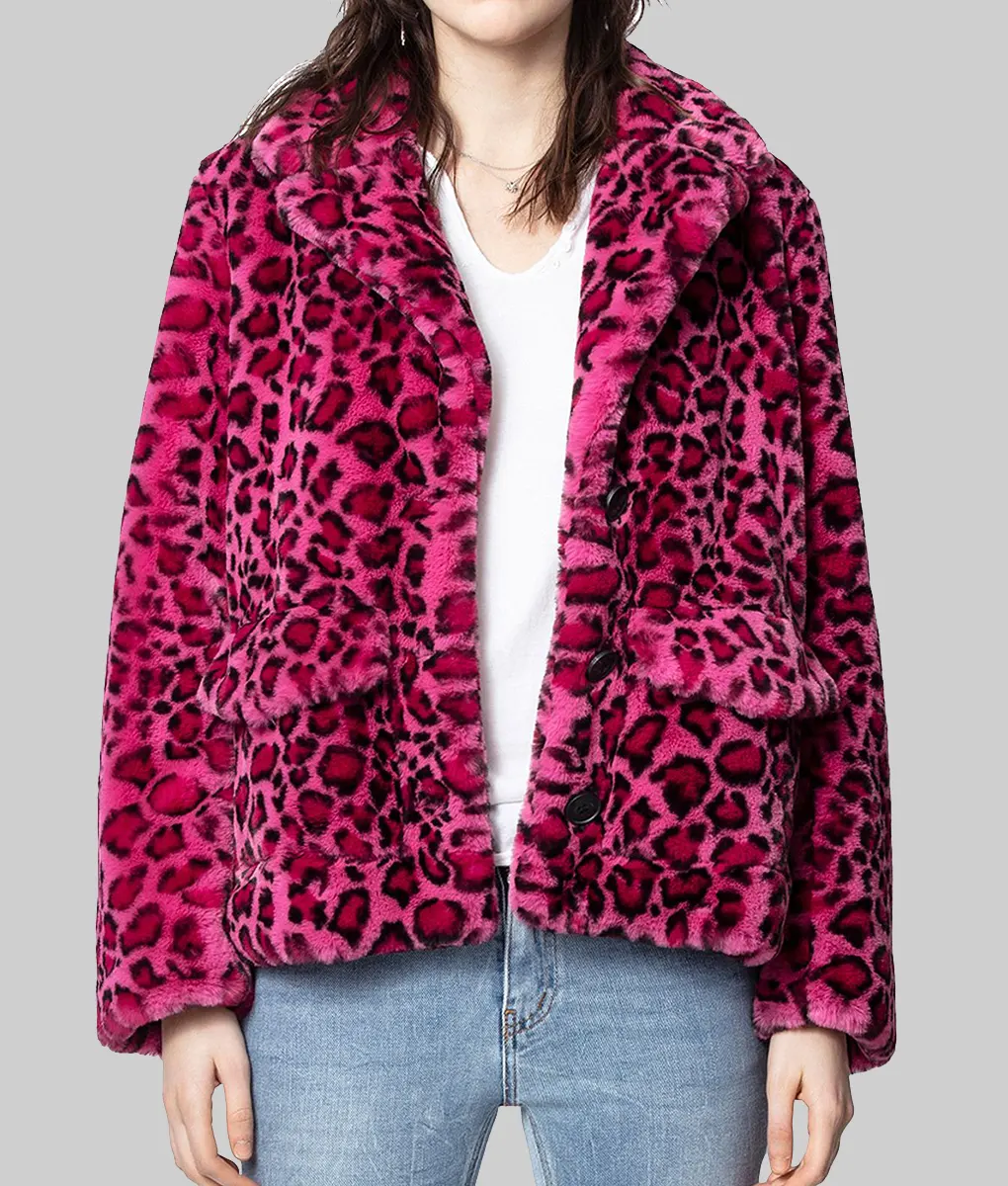 High Potential Kaitlin Olson Leopard Print Fur Jacket - High Potential Kaitlin Olson (Morgan Gillory) Leopard Print Pink Fur Jacket - Front View